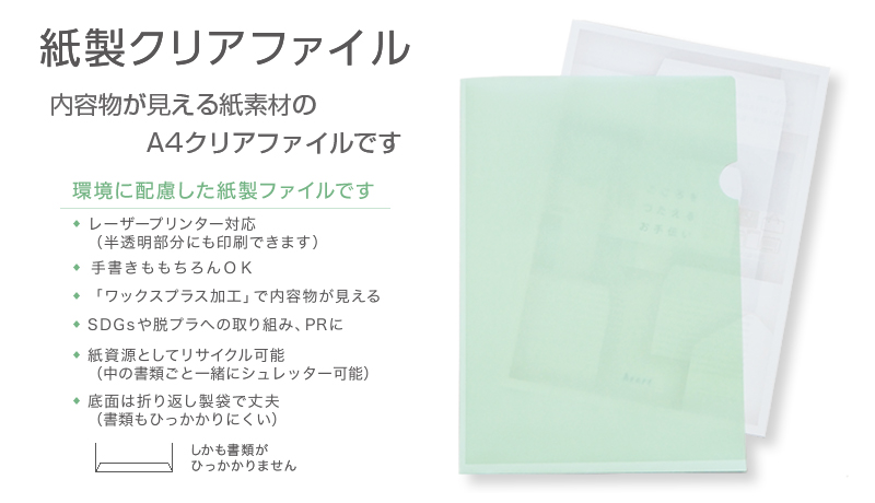 内容物が見える紙製のA4クリアファイルです。